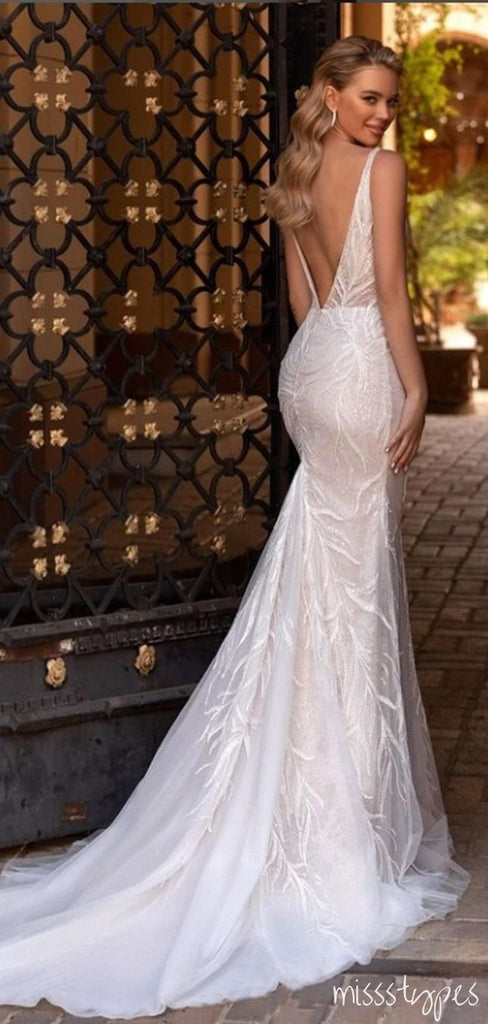 Beautiful White Appliqued Mermaid V-Neck  Backless Floor-Length Elegant Wedding Dresses HS22