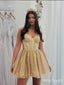 Sexy Gold Lace Up Backless Spaghetti Strap Mini Homecoming Dresses, HM13