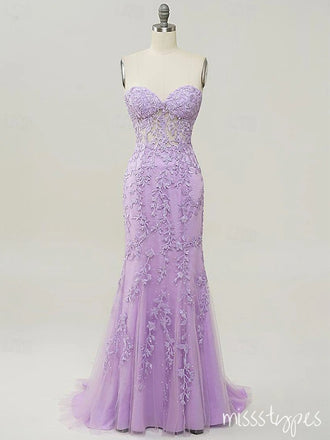 Alluring Flower Appliqued Purple Sweetheart Mermaid Floor-Length Prom Dresses,ZX74