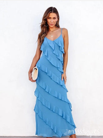 Cozy Women Blue Ruffle Spaghetti Strap Long Fashion Prom Dresses,ZX102