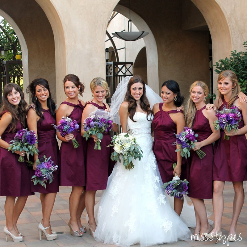 Simple Women Halter Maroon  Knee-Length Bridesmaid Dresses Online, BL21