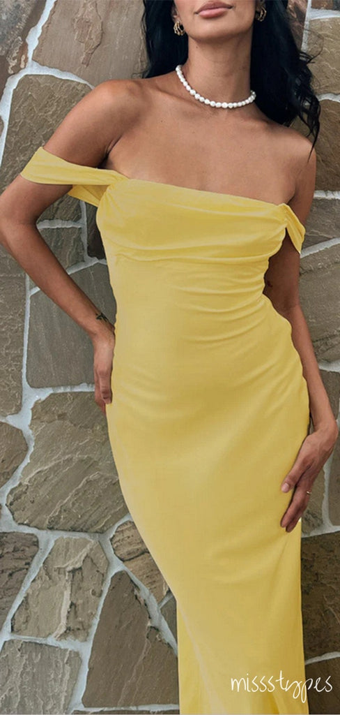 Simple Lemon Yellow Off Shoulder Backless Straight Across Long Prom Dresses,ZX58