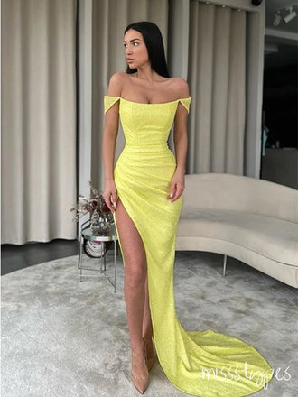 Elegant Lemon Yellow Off Shoulder Pleat Side Slit Long Prom Dresses,ZX59