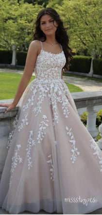 Classy Appliqued Square Spaghetti Strap Beige Tulle A-Line Long Prom Evening Dress,ZX261