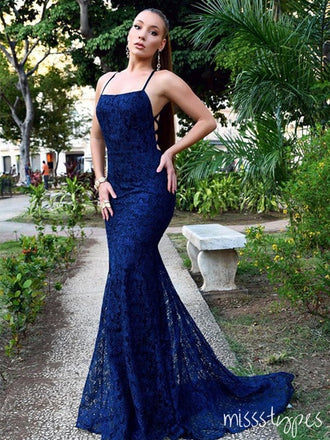 Women Simple Lace Spaghetti Strap Sleeveless Long Mermaid Prom Dresses,ZX49